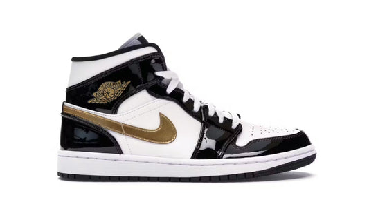 Jordan 1 Mid "Patent Black White Gold"